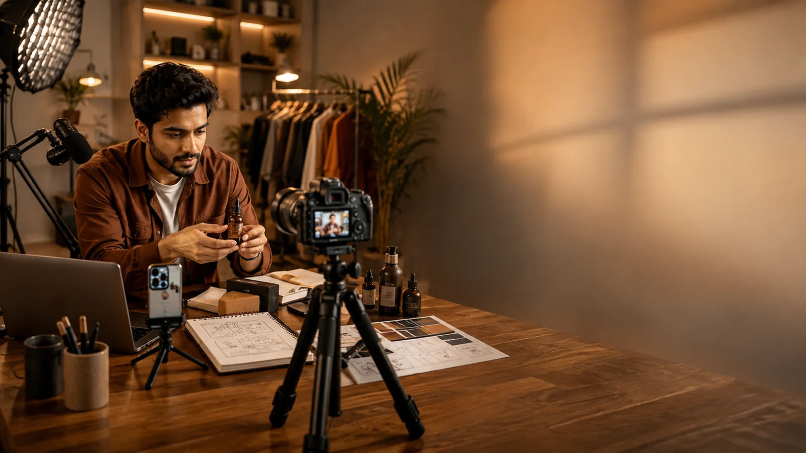 Creator producing product launch content with camera, laptop and planning materials