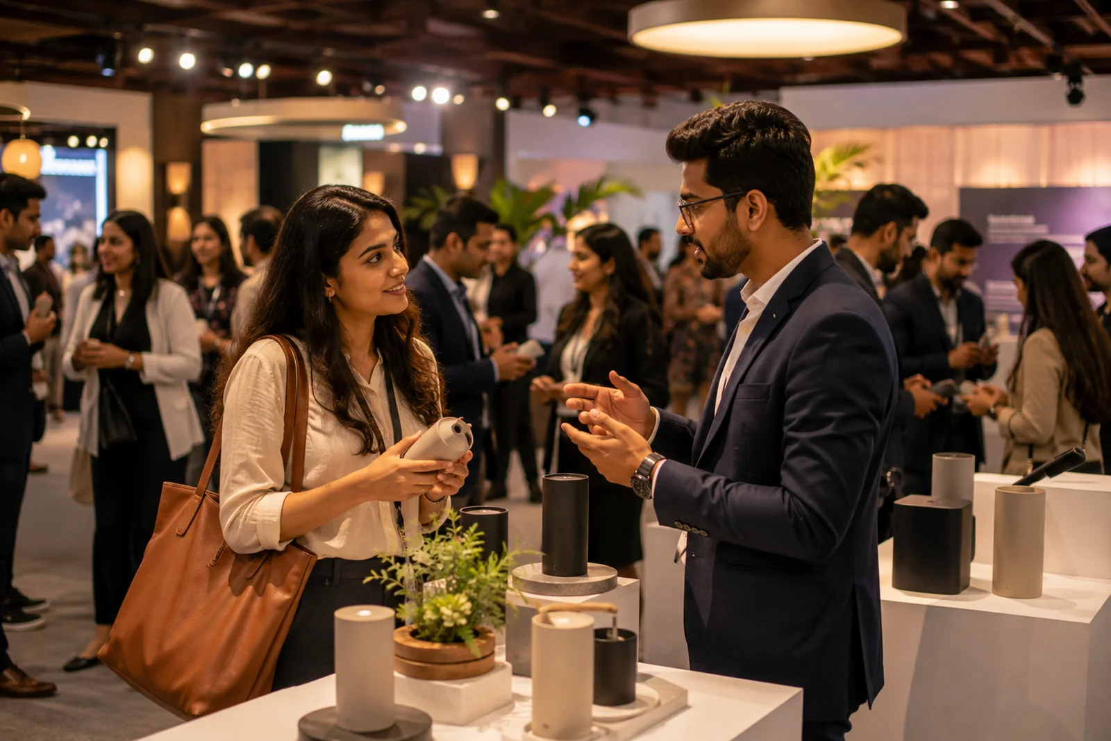 Brand representative and attendee talking at an exhibition
