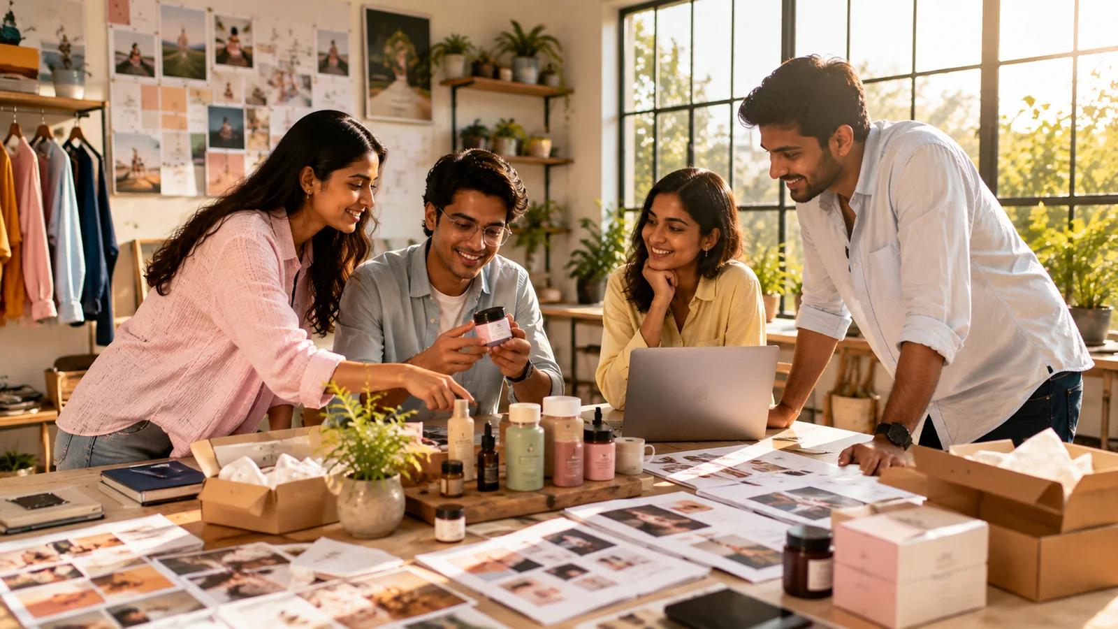 Brand team preparing a product launch with campaign assets and product samples